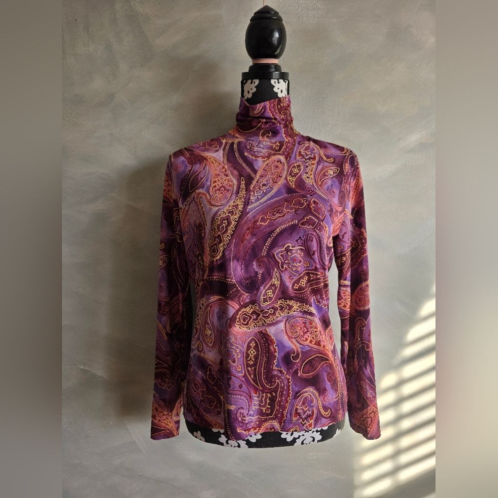 Vtg St. John Sport Purple Paisley Mock High Turtleneck Long Sleeve Top S